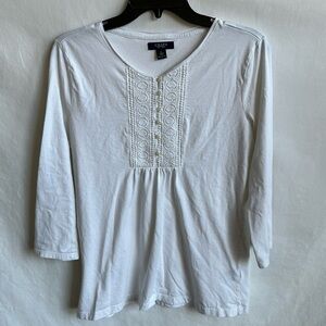 Chaps white cotton boho top with lace, size L